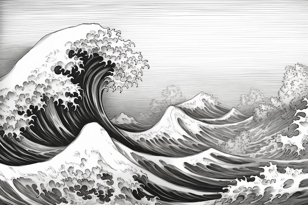 A black and white illustration of a wave with the word kanagawa on it.