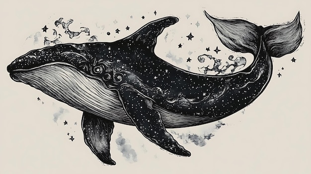 A black and white illustration of a whale swimming through a starry sky surrounded by clouds