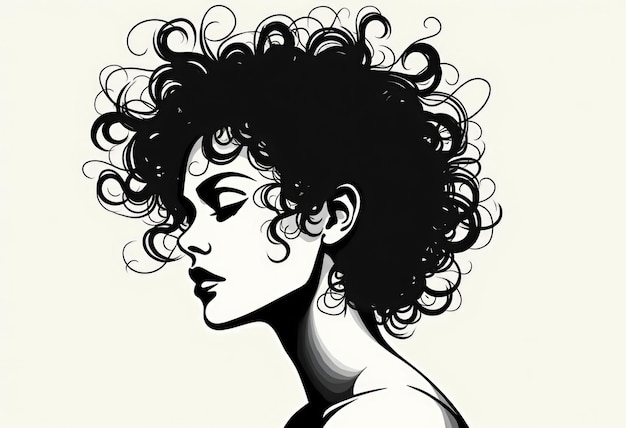 Photo a black and white illustration of a woman with curly hair looking down and to the side