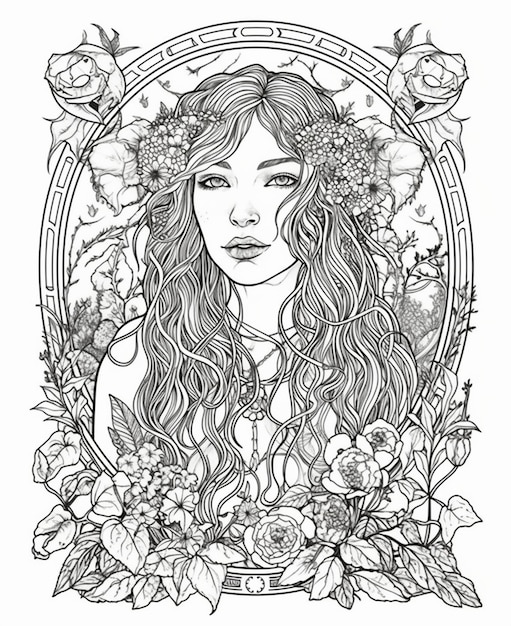 A black and white illustration of a woman with flowers around her head.