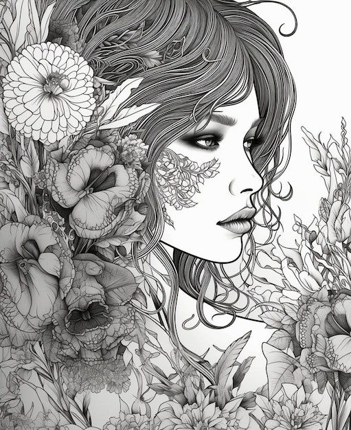 A black and white illustration of a woman with flowers in her hair.