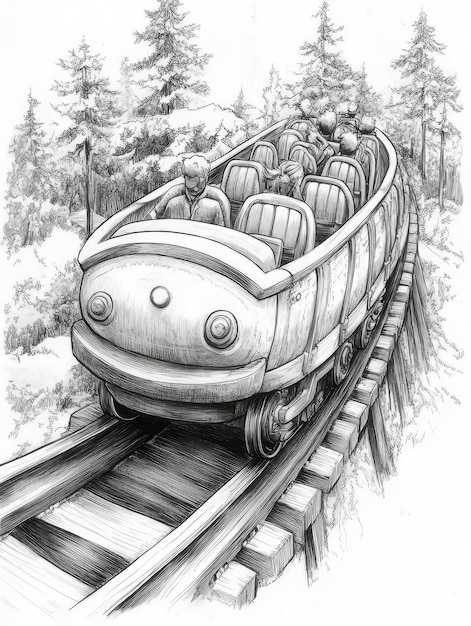 Photo black and white illustration of a wooden train in the woods