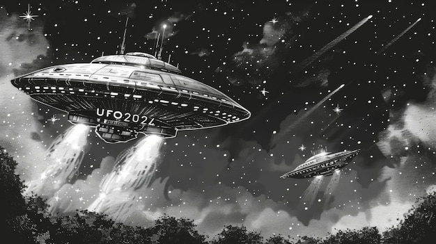 Black and white illustration World UFO Day glowing unidentified flying objects over the night forest against the sky with stars and comets engraving