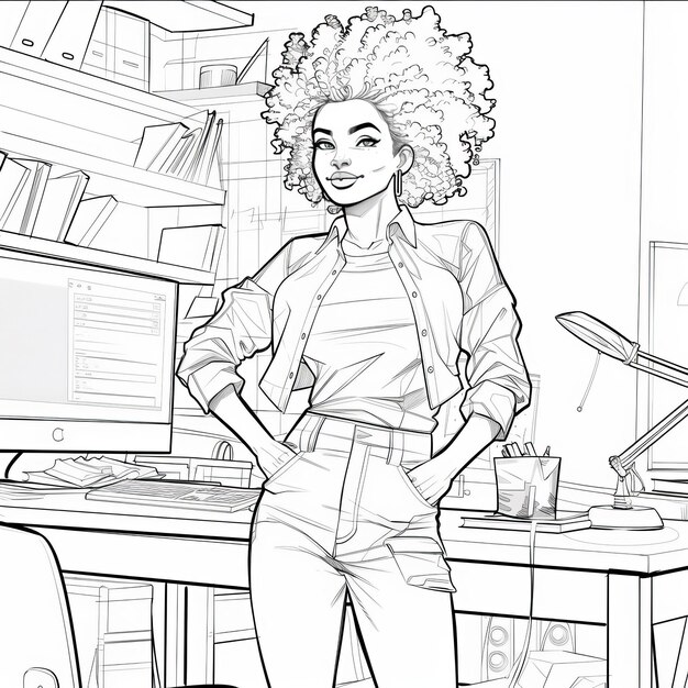 Photo black and white illustration of a young african american businesswoman standing with her hands on he