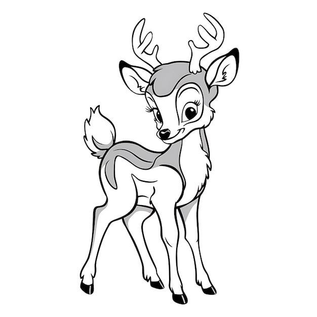 A black and white illustration of a young deer