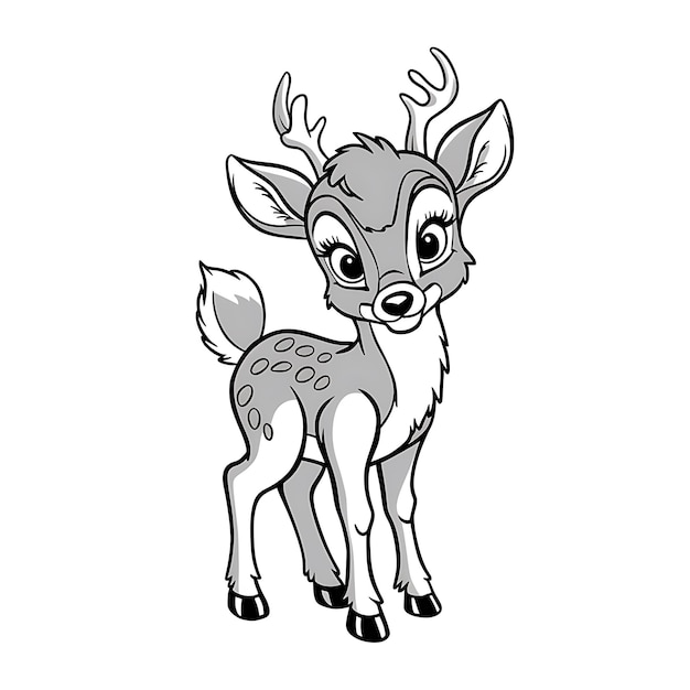 A black and white illustration of a young deer