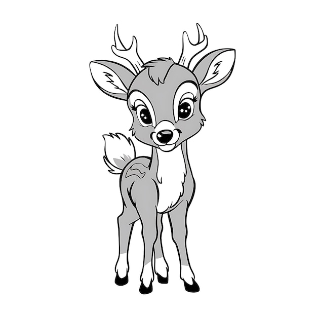 A black and white illustration of a young deer