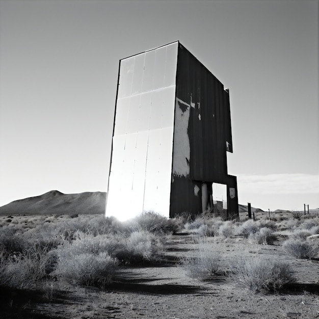 Black and white image of an abandoned building in the Arizona desert