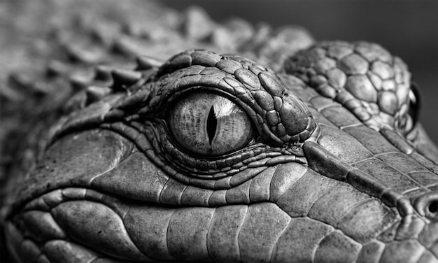 a black and white image of an alligators eye