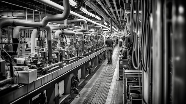 Black and white image of assembly line showcasing Second Industrial Revolution