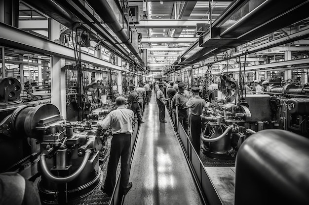 Black and white image of assembly line showcasing Second Industrial Revolution