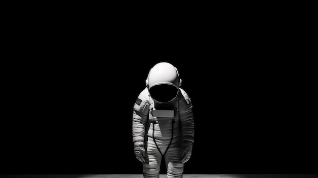 A black and white image of an astronaut with a black background.