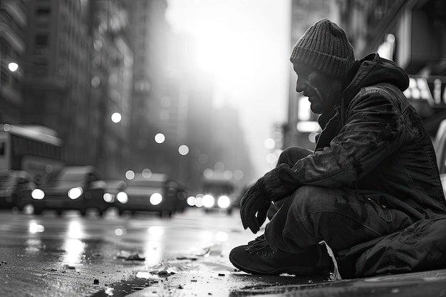 A black and white image of a beggar on a city street