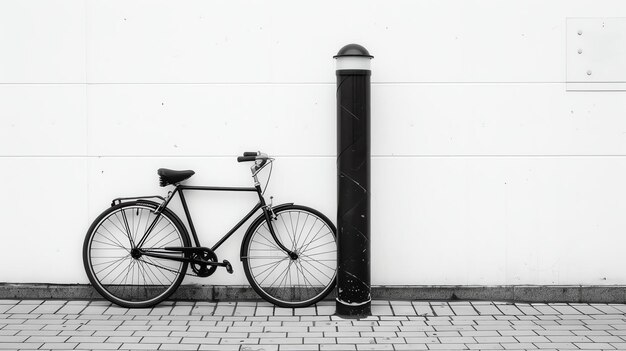 A black and white image of a bicycle leaning against a post with a white concrete wall in the background