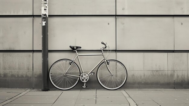 A black and white image of a bicycle leaning against a wall The bicycle is a simple singlespeed model with a black frame and white wheels