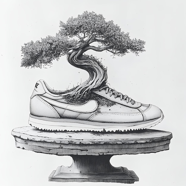 Photo black and white image of a bonsai tree with sneakers