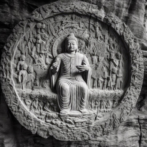 Black and white image of Buddha statue in the cave