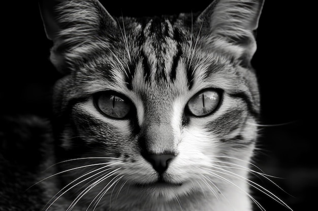 A black and white image of a cat39s face gazing into the lens