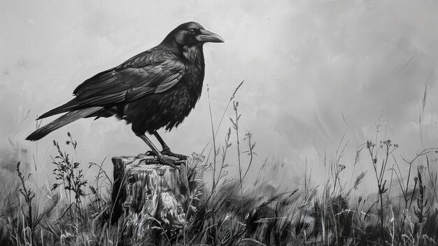 Photo a black and white image of a crow on a stump