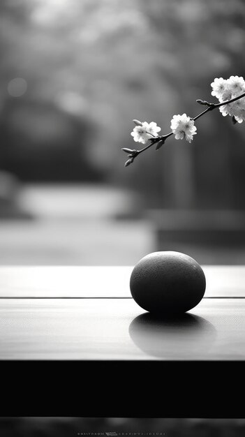 A black and white image of a egg on a table with a branch of flowers.