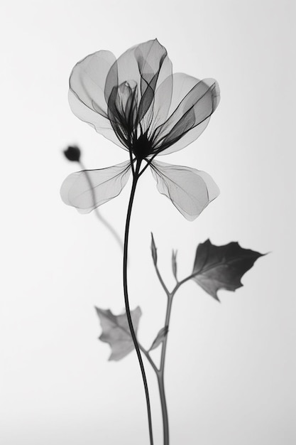 A black and white image of a flower with a leaf on it.