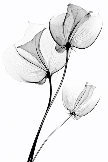 A black and white image of a flower with petals and leaves.