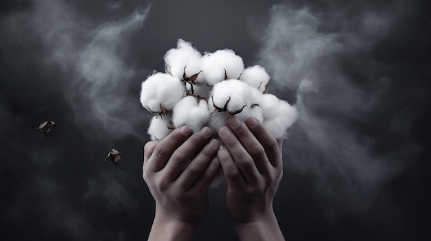 A black and white image of hands holding cotton.