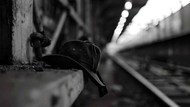 Black and white image of a hat on a wooden platform next to railroad tracks