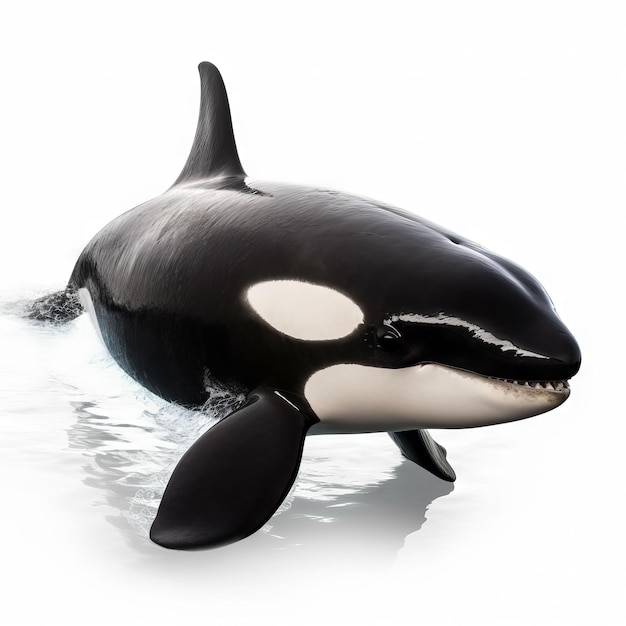 A black and white image of a killer whale swimming in the water.