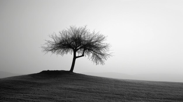 Black and white image of a lonely tree on a hill in the fog