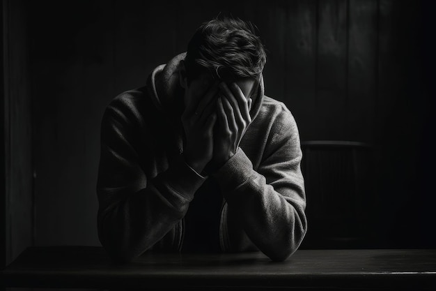 Black And White Image Of Man Sitting Alone In Dark Room With His Head Down And Hands Covering His Face Generative AI