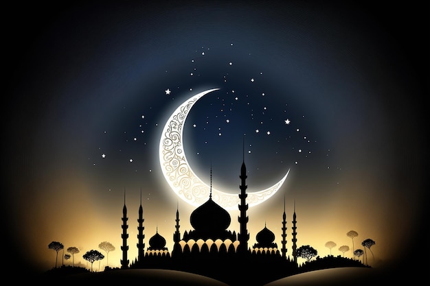 A black and white image of a mosque with a crescent moon in the background.