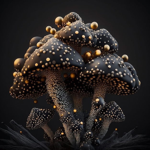 A black and white image of mushrooms with gold dots.