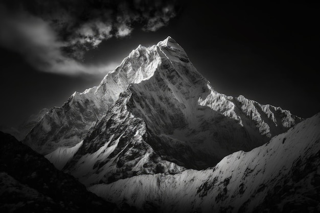 Black and white image of Nepals Everest regions Thamserku mountain peak