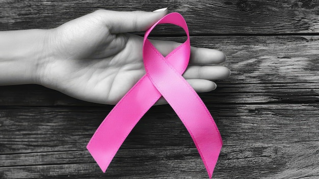 Black and White Image of Pink Ribbon on Hand