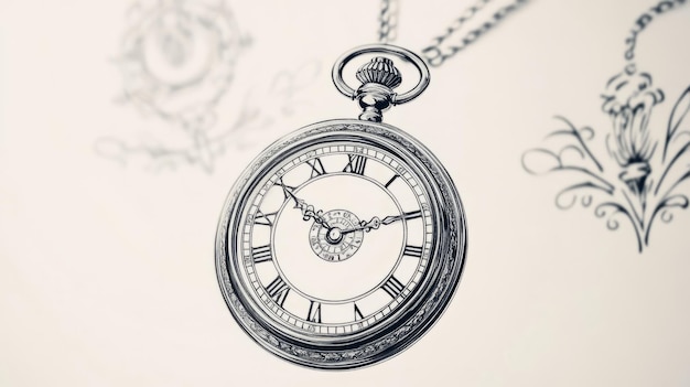 A black and white image of a pocket watch hanging against a white background with a floral design in the background