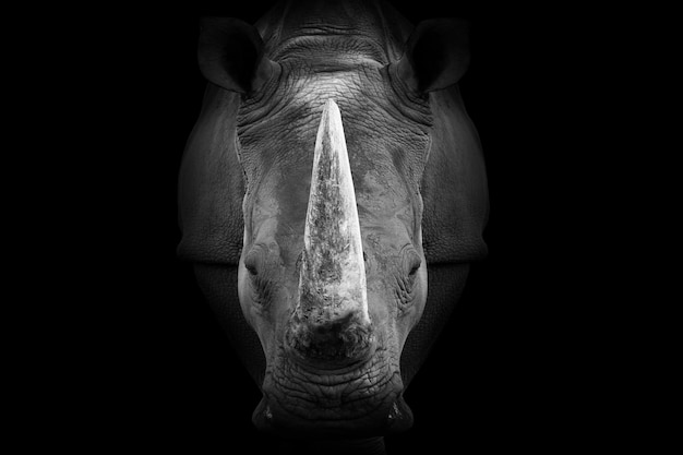 A black and white image of a rhino's head.