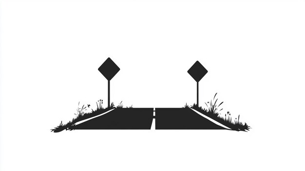 a black and white image of a road sign with grass and weeds