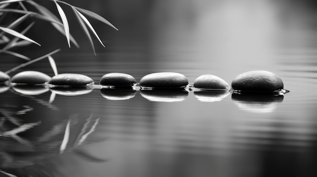 A black and white image of a row of stones with a bamboo branch and a green plant in the background.