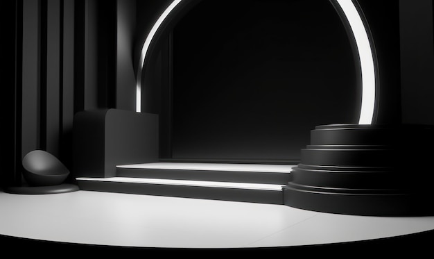 A black and white image of a set of stairs in a dark room.