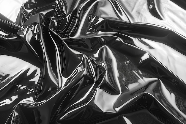 Black and white image of shiny black plastic fabric no background close up macro photography hig