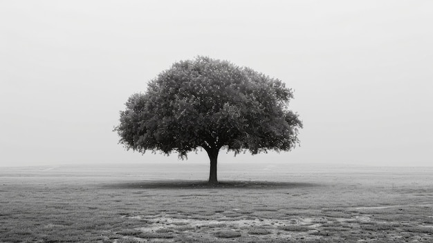 Black and white image of a single tree in a foggy field