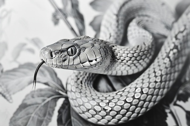 Black and white image of a snake on a background of flowers