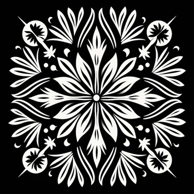 a black and white image of a snowflake with leaves and flowers generative ai