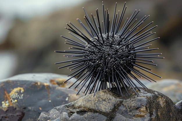 A black and white image of a spiky object on a rock