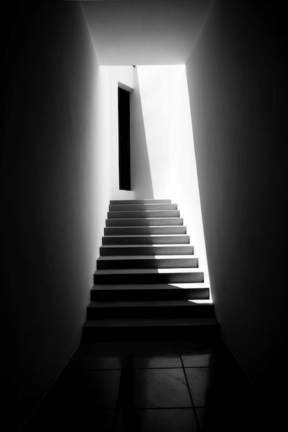 A black and white image of a staircase with a light coming through the door.