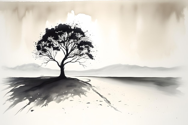 Black and white image of tree on hill with mountains in the background Generative AI