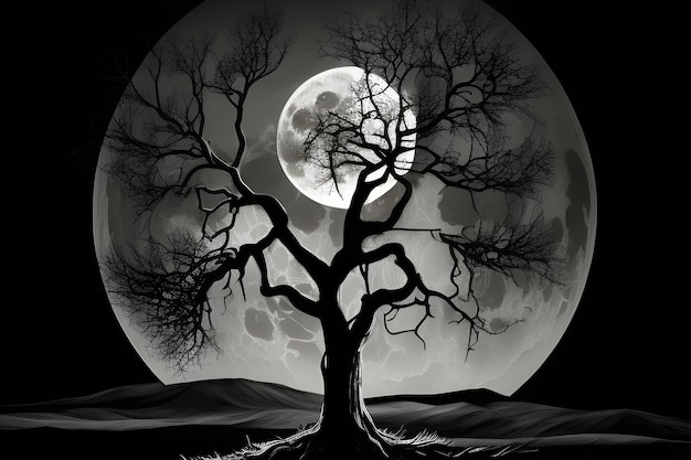 A black and white image of a tree with the moon in the background.