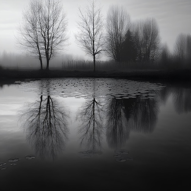 Photo black and white image of trees reflected in the water of a lake