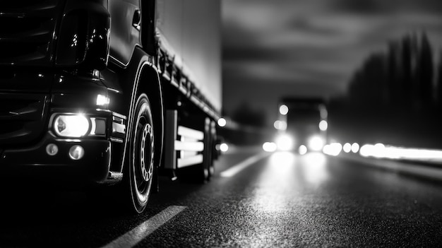 A black and white image of a truck driving on a highway at night The truck is in focus and the